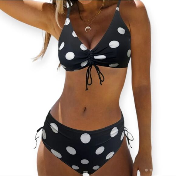 Black & White Polka Dot Drawstring Bikini – Retro Chic Two-Piece Swimwear - Picture 4 of 12